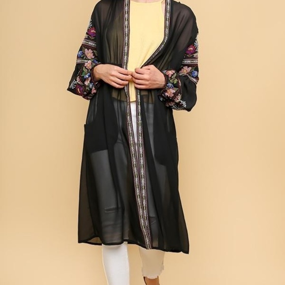 Umgee Black Embroidered Sheer Duster Cardigan - Picture 2 of 8
